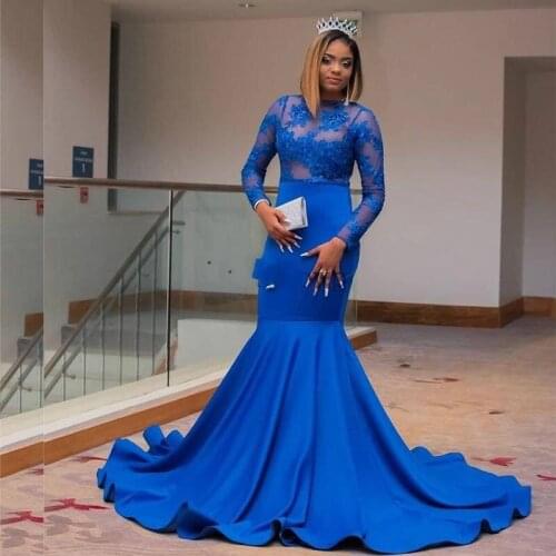 Royal Blue Mermaid Prom Dresses O Neck Long Sleeve Sweep Train Appliques Illusion Formal Women Evening Gowns vestidos formales