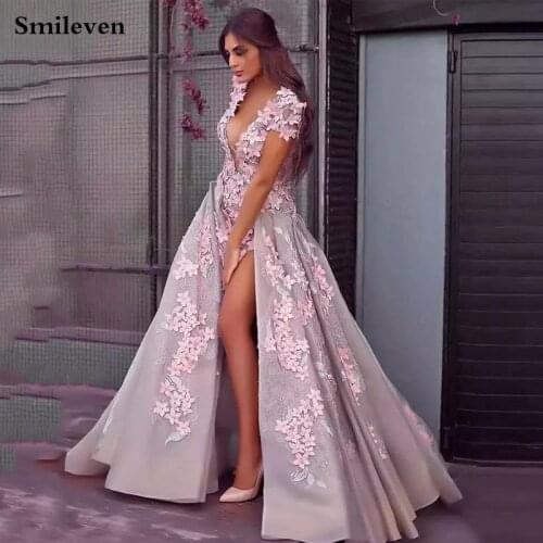 Smileven algerien Formal Evening Dresses 2020 Sexy V Neck 3D Flowers Evening Party Gowns Side Split Peplum Occasion Prom Gown