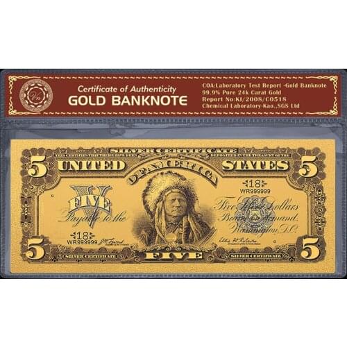 1899 Year USA USD Money 24k Gold Banknote Five USD Colorful Bills Plated Fake Money 5 Dollars Collections Banknotes Pack of 2pc