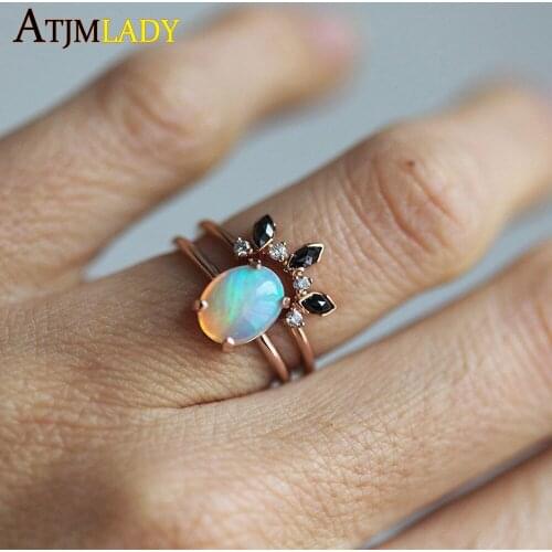 Elegant Summer New Rings 2pc Ring Set For Lady Wedding Gift 2020 Delicate Rose Gold Opal Cz Black Crystal Tiny Ting Promotion