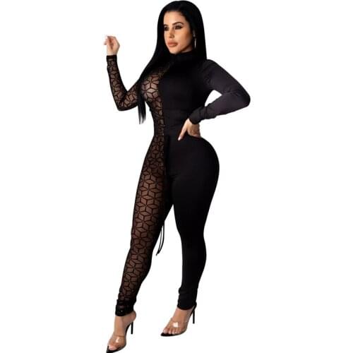 2021 New Women Clubwear Pants Playsuit Bodycon High Neck Printed Patchwork Bandage Slim Jumpsuit Sexy Romper Trousers