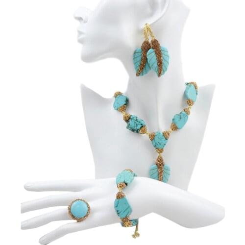 4pc Blue Turquoise Necklace Bracelet Ring Earrings Statement Jewelry Set African Women Gold Color Wedding Party Gifts Boho Gypsy