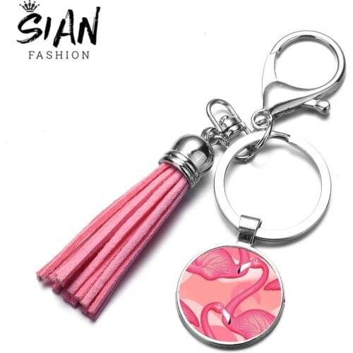 SIAN Cartoon Pink Flamingo Tassel Keychain Party Gift Phone Bag Charm Decoration 3D Printed Glass Dome Car Key Chain Accessories