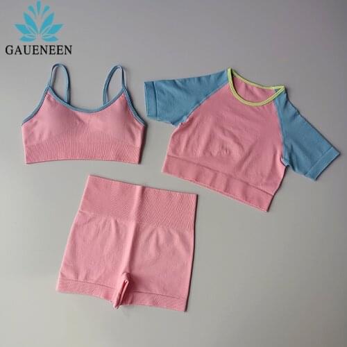 GAUENEEN 3 Pieces Seamless Shorts Yoga Set Women Gym Clothing Sports Bra Short Sleeve Crop Top High Waist Shorts Sportswear