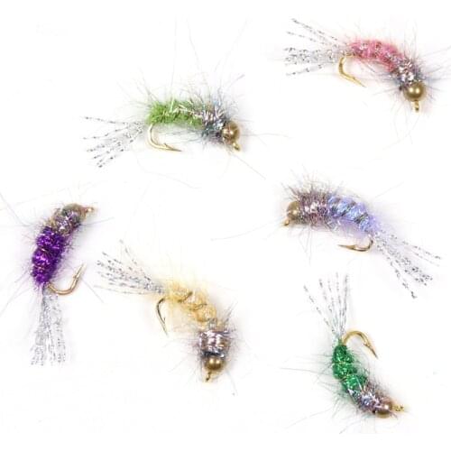 Bimoo 12PCS #12 Bead Head Nymphs Pink Blue Pearl Olive Purple Trout Fishing Nymph Flies