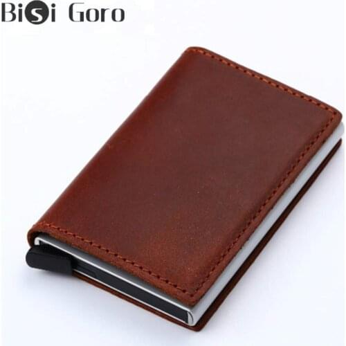BISI GORO 2020 Men Genuine Leather Wallet Crazy Horse Leather Card Holder Vintage Purse Rfid Aluminium Business ID Card Holder
