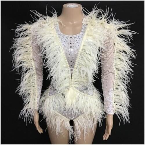 Bodysuit Womens Birthday Celebrate Nightclub Singer Dance Show Spandex Oufit Bright Silver Rhinestones Pearls Feather Fringes