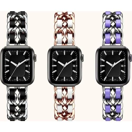 For Apple Watch 5 4 40mm 44mm Watchbands Stainless Steel Chain With Leather Bracelet Strap band for iwatch Series 3 38mm 42mm