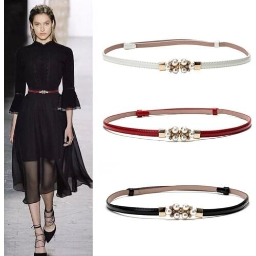 Inlaid Rhinestones Thin Ladies Dress Belt Flower Pearl Buckle Women Waist Belt Adjustable PU Leather Female Belt