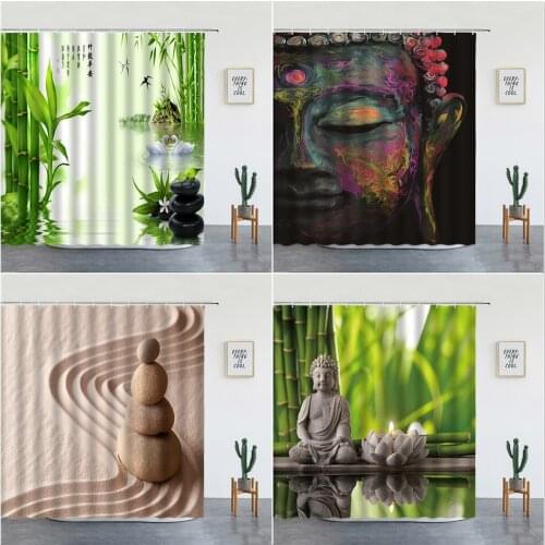 Landscape Shower Curtains Set Zen Stone Flowers Green Bamboo Buddha Meditation Luxury Bathroom Decor Screen With Hooks Washable