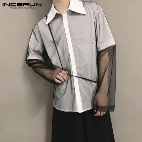 INCERUN Fashion Men Shirt Mesh Patchwork Lapel Long Sleeve Sexy Korean Casual Shirts 2021 Personality Streetwear Camisas S-5XL 7