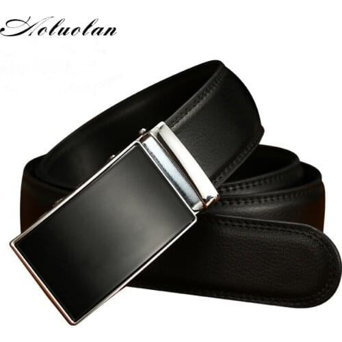 Aoluolan mens leather belt, pure black automatic buckle mens leather business belt, black automatic leisure belt