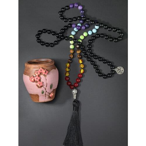 OAIITE 7 Chakra Black Onyx 108 Mala Beads Necklace Bohemian Meditation Yoga Necklace