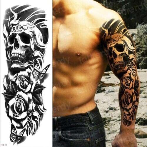 Temporary tatoo men full arm shoulder sleeve tattoo waterproof black large tattoos for boy sexy body art stickers skull tribal