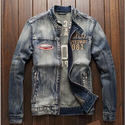 Fall stand-up denim jacket for men with slim wash vintage zipper jackets with letters embroidered on the clothes