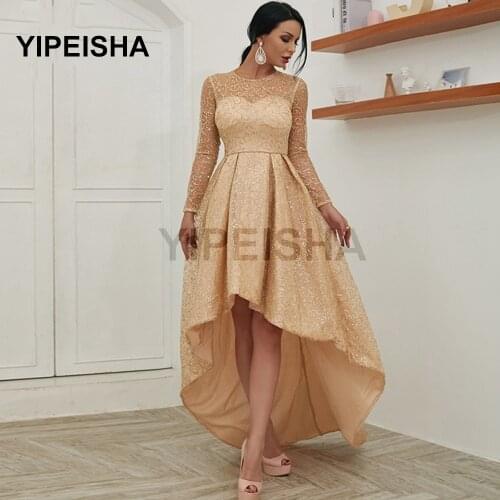 Sexy Gold Evening Dresses 2021 Long Sleeves Floor-Length High/Low Prom Party Gown See Though Backless Vestidos De Novia