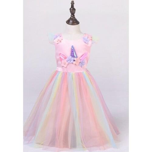 Prom Dresses Evening Unicorn Summer Childrens Costume Princess for Girls Kids Clothes Tulle Pink Rainbow Short Sleeve Dress