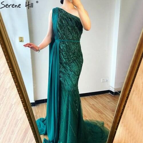Dubai green One Shoulder Luxury Evening Dresses Mermaid Beading Suiqns Sparkle Formal Dress 2021 Serene Hill LA70515