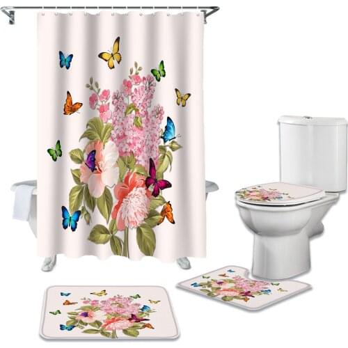 Pink Flower Illustration Butterfly Bathroom Mat Set Waterproof Shower Curtain Set Pedestal Rug Lid Toilet Cover Bath Mat Rugs