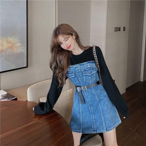 Chic Women Hoodies Denim Dress Fashion Long Sleeve Cotton Sweatshirt Patchwork Mini Jeans Dresses With Belt Fake Two Pieces Tops