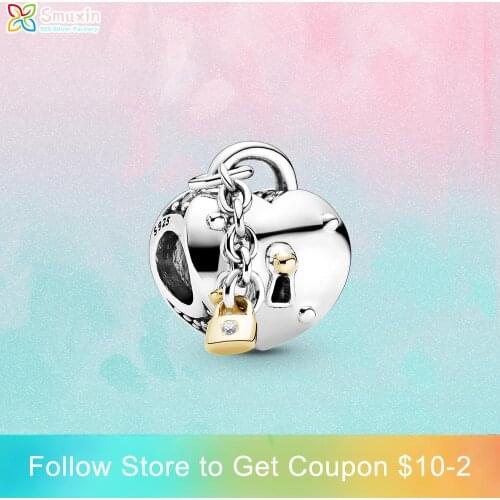Smuxin 925 Sterling Silver Beads Two-Tone Heart and Lock Charm fit Original Pandora Bracelets for Women Jewelry Making Gift