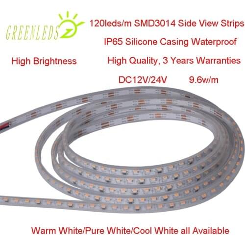 LED SMD3014 Side View Strips IP67 Waterproof 120LEDs/m DC12/24V 9.6w/m Warm White/Pure White/Cool White 3 Years Warranties