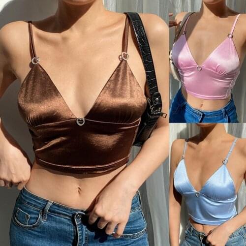 Camisole Sleeveless Heart Shape Rhinestones Summer Women Solid Color Backless Crop Top Vest V-neck Halter Sexy Top for Party