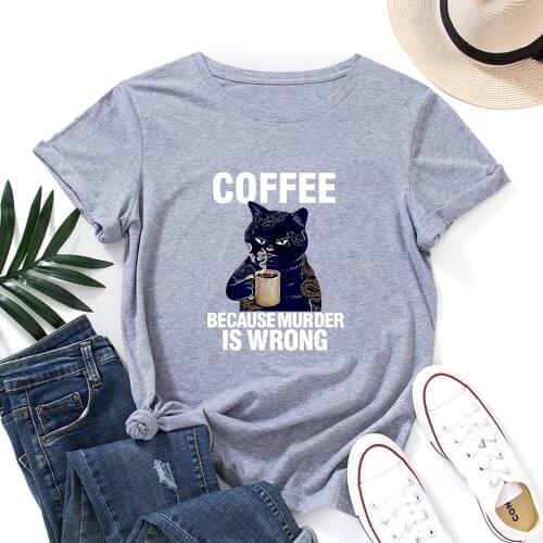 Summer T-shirt Women Oversized Cotton Short Sleeves Coffee Cat Print Graphic Tee Tops Female Shirt Streetwear Kawaii Clothes