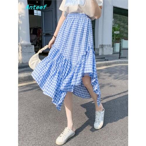 Korean fashion cotton vintage plaid high waist summer casual loose for woman skirts womens 2021 skirt clothes