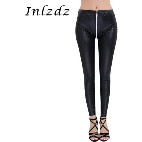 Women Latex Crotchless Long Pants Faux Leather Open Crotch Pants Zippered Open Crotch Ankle Length Stretchy Sexy Leggings Pants