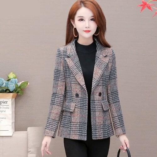 Womens Plaid Woolen Suit Jacket Slim Korean New Autumn Winter Short Suits Small Woolen coats Overcoat Female Plus size Blazer