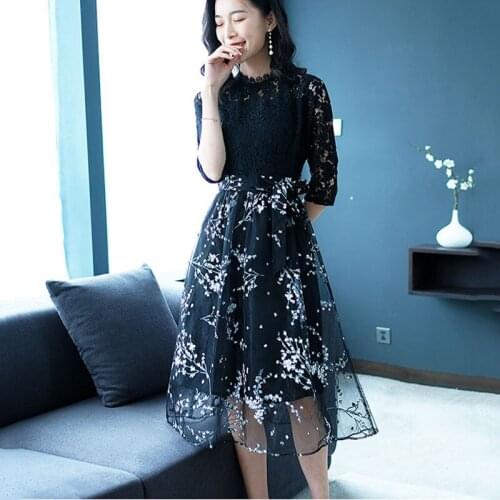 Womens Early Autumn Dress 2020 New Lace Dress Fashion Printing Stitching Organza Yarn Long Large Swing Type Dress Female A583