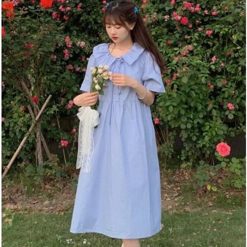 Womens Lapel Short Sleeve Dress Womens Summer New Korean Style High Waist Slim Mid-length Dress