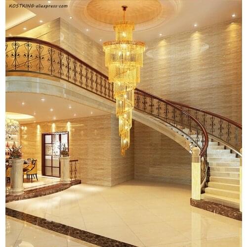 Gold Round Long Hollow Crystal K9 Stainess Steel LED Pendant Lighting Luxury Hanging Stairs Lamp For Dining Room Penthouse