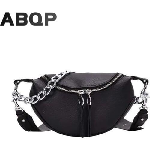 ABQP Leather Women Fanny Pack Luxury Chains Female Waist Pack Designers Travel School Girls Shoulder Chest Bag
