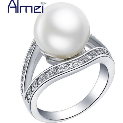 Almei Engagement Kpop Silver Color White Simulated Pearls Rings For Women Jewelry Ring Bagues Strass Femme Anillos Jewelry J381