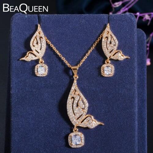 BeaQueen Lovely Butterfly Shape Micro Paved Cubic Zircon Yellow Gold Earring Necklace Jewelry Set with Silver 925 Post JS006