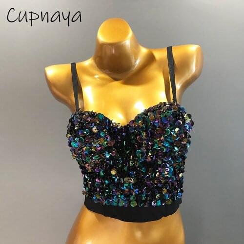Cupnaya Glitter Sequined Women Crop Top Sexy Bustier Short Corset Bralette Camisole Clubwear Padding Tube Tank Vest White Black
