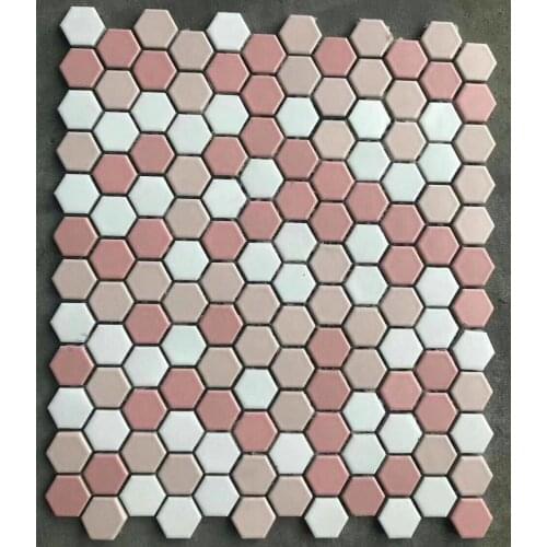 Cheap price cute pink mix pure white hexagonal ceramic mosaic tile wallpaper for kitchen backsplash bathroom room deco