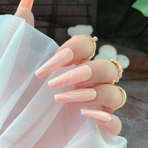 24pcs/Set Long Orange Fake Nails Geometric Artificial Ballerina White Stripe Coffin False Nails with Glue Fingernail Makeup Tips