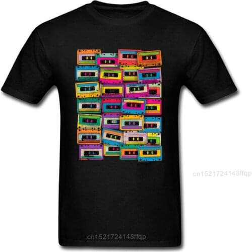 Retro T Shirt Men Neon Music Tape Cassette T-shirt Man Black Clothing Hip Hop Tee Cotton Tops Summer Band Tshirt Funky