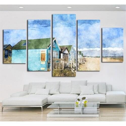 Paintings On Canvas Colorful House Amazing Landscape 5 Pieces Combination Picture Frameless Paintings Dinning Room Decor