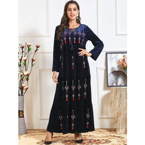 Summer Casual Maxi Dress for Women Blue Embroidery Cotton O Neck Long Sleeve Plus Size Striped Patchwork Arabic Clothes 2021