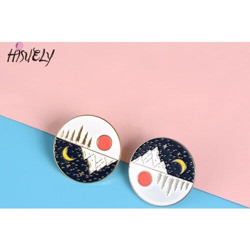 Fashion enamel dripping oil moon sun brooch alternate day and night denim badge unisex cute round brooch
