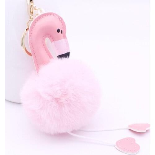 ISINYEE Fashion Cute Flamingo Key Chain For Women HandBag Car Gold Pompom Key Ring Keychains Holder Fake Fur Pom Pom Jewelry