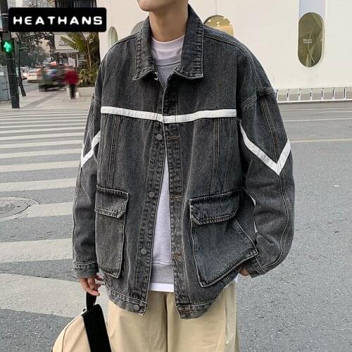 Mens Denim Jacket Male Vintage Loose Handsome High Street Harajuku Style Jean Jacket Mens Black Gray Casual Outdoor Jacket Tops