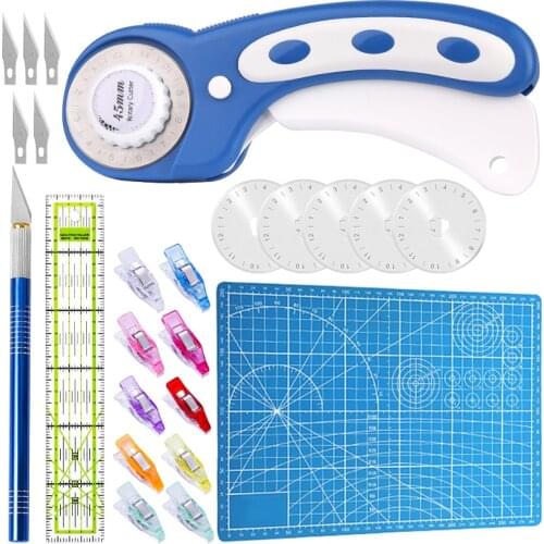KAOBUY 45 mm Rotary Cutter Set-Fabric Cutter with Bag A4 Self Healing Cutting Mat 5Pcs Blades and Craft Knife Clip for Quilting