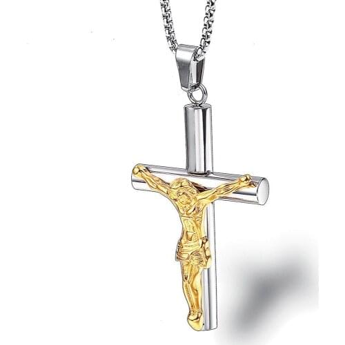 Wholesale-- 2 Gold Color Cross Pendant Necklaces for Men Women Titanium steel No Fade Gold Color 60cm Box Chain