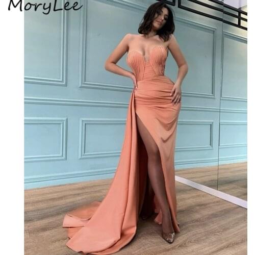 Prom Dresses Mermaid Sweetheart Side Slit Sweep Train Silk Satin Pleated Prom Dresses With Lace Up vestidos de fiesta de noche
