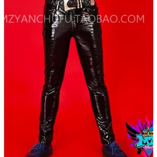 S-5xl ! Dj Singer Fashion New Super Elastic Cross Grain Leather Pants Mens Stage Slim New Costumes Clothing